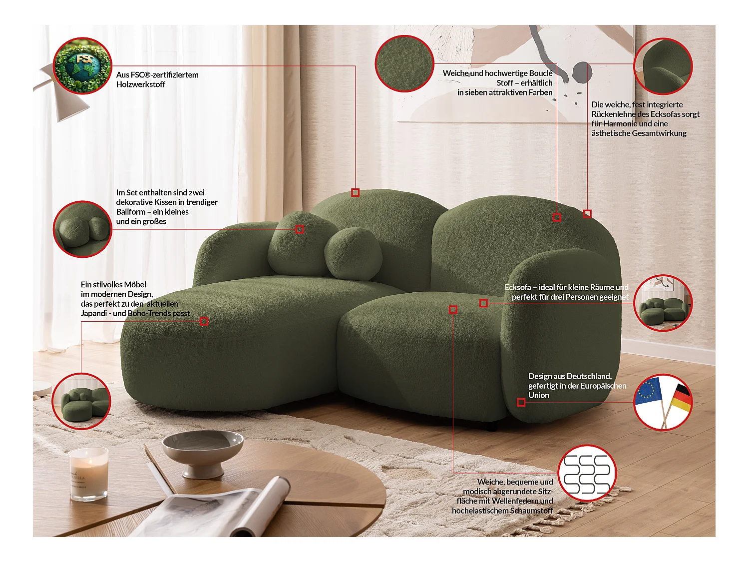 Nuvola - Moderne Ecksofa L-Form aus Grün Bouclé-Stoff mit abgerundetem Design und hohem Sitzkomfort