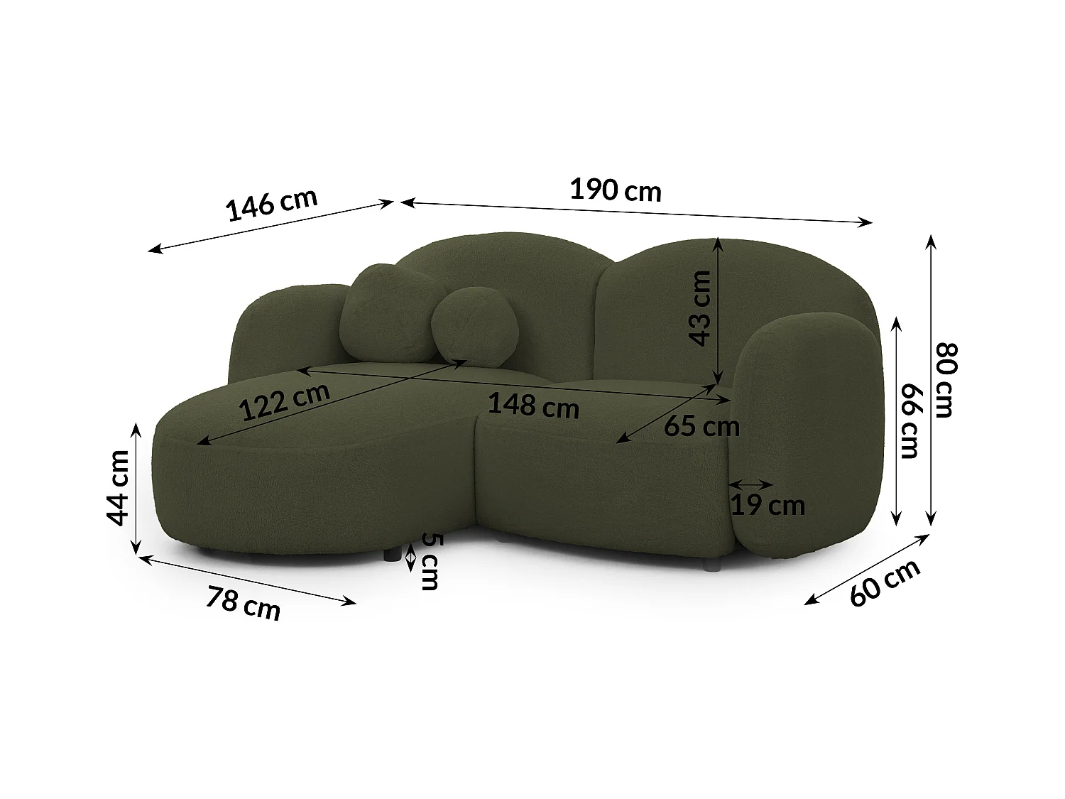 Nuvola - Moderne Ecksofa L-Form aus Grün Bouclé-Stoff mit abgerundetem Design und hohem Sitzkomfort
