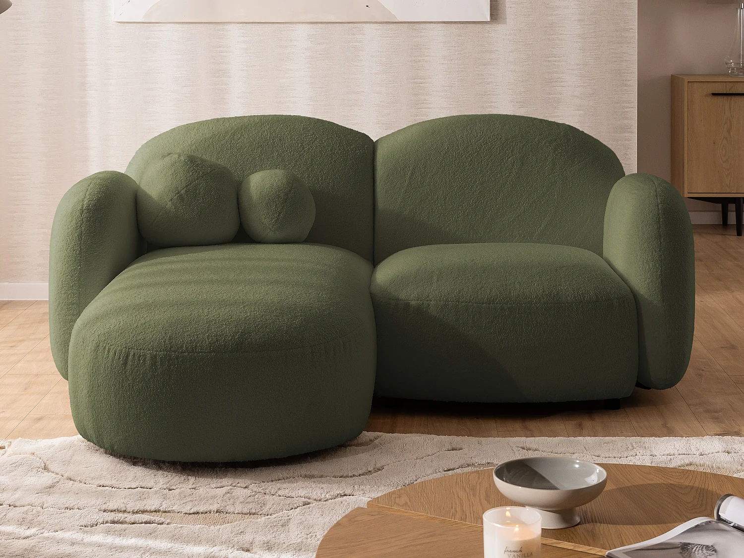 Nuvola - Moderne Ecksofa L-Form aus Grün Bouclé-Stoff mit abgerundetem Design und hohem Sitzkomfort