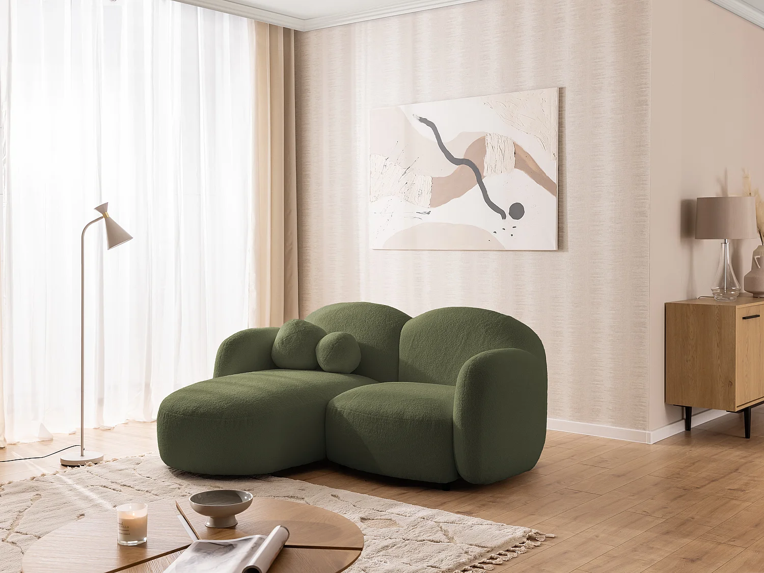 Nuvola - Moderne Ecksofa L-Form aus Grün Bouclé-Stoff mit abgerundetem Design und hohem Sitzkomfort