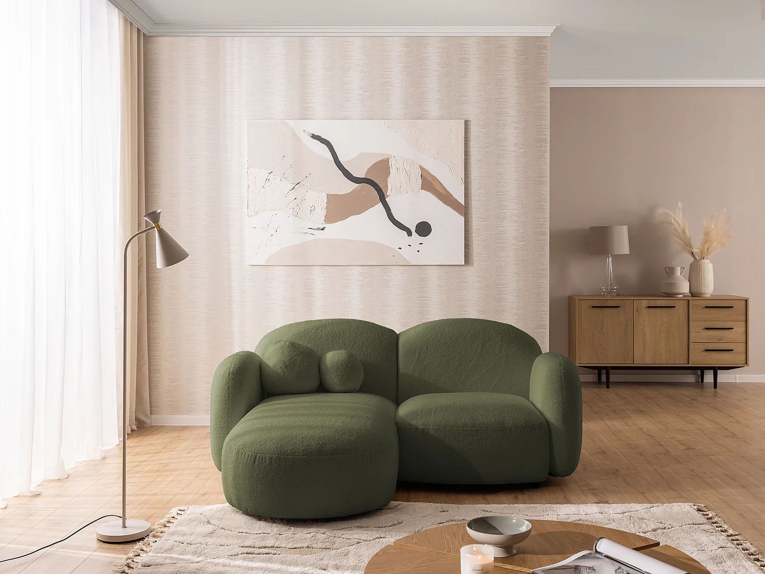 Nuvola - Moderne Ecksofa L-Form aus Grün Bouclé-Stoff mit abgerundetem Design und hohem Sitzkomfort