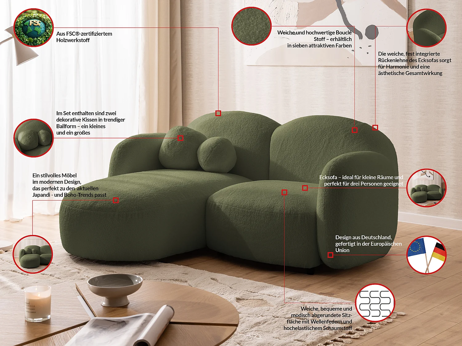 Nuvola - Moderne Ecksofa L-Form aus Grün Bouclé-Stoff mit abgerundetem Design und hohem Sitzkomfort