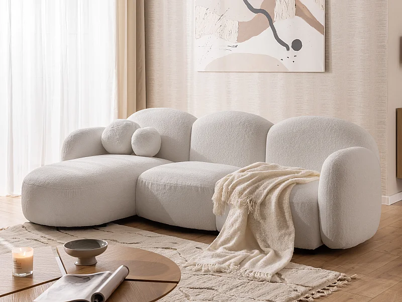 Nuvola - Moderne Ecksofa L-Form aus Weiß Bouclé-Stoff mit abgerundetem Design und hohem Sitzkomfort
