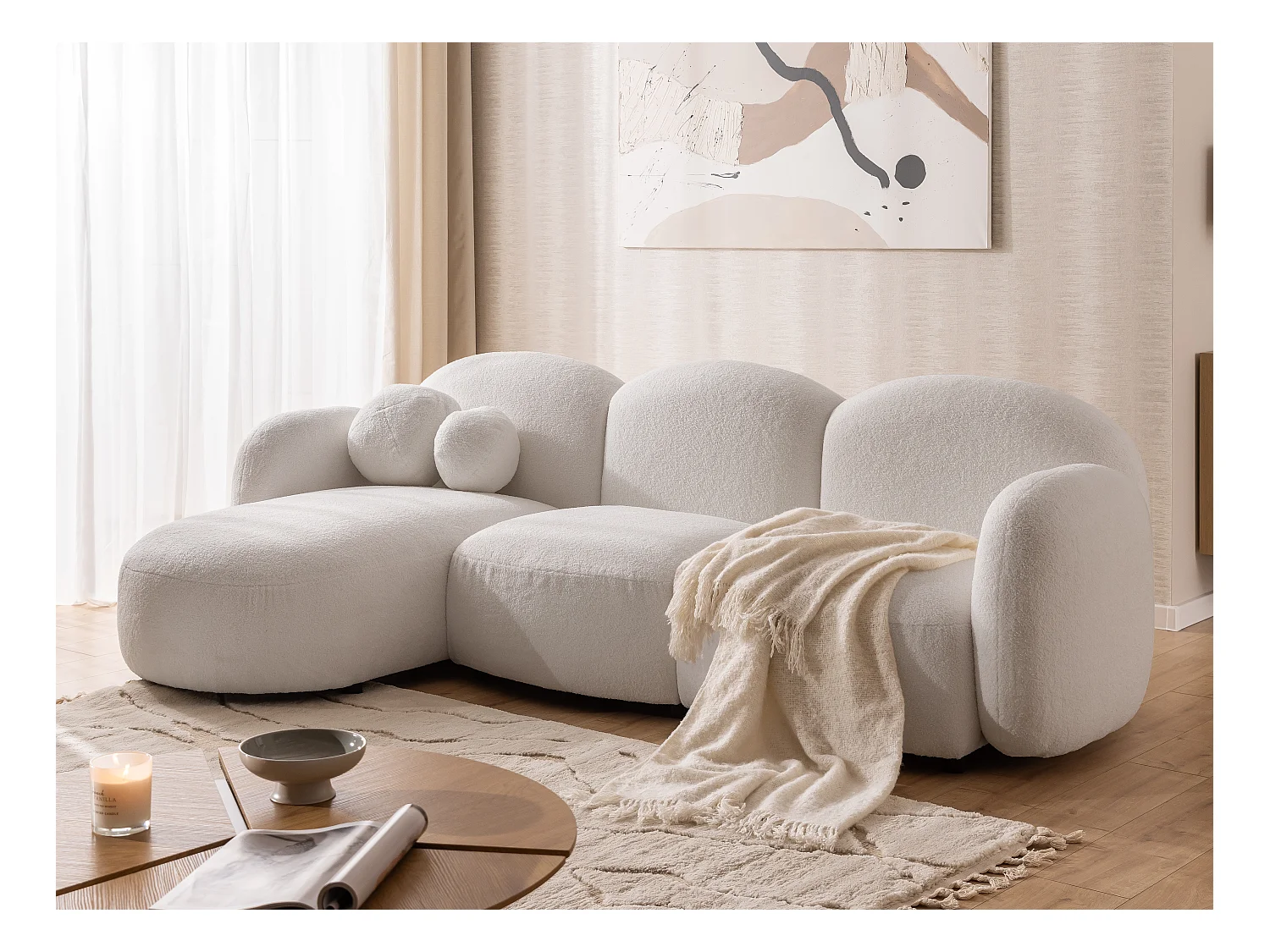 Nuvola - Moderne Ecksofa L-Form aus Weiß Bouclé-Stoff mit abgerundetem Design und hohem Sitzkomfort