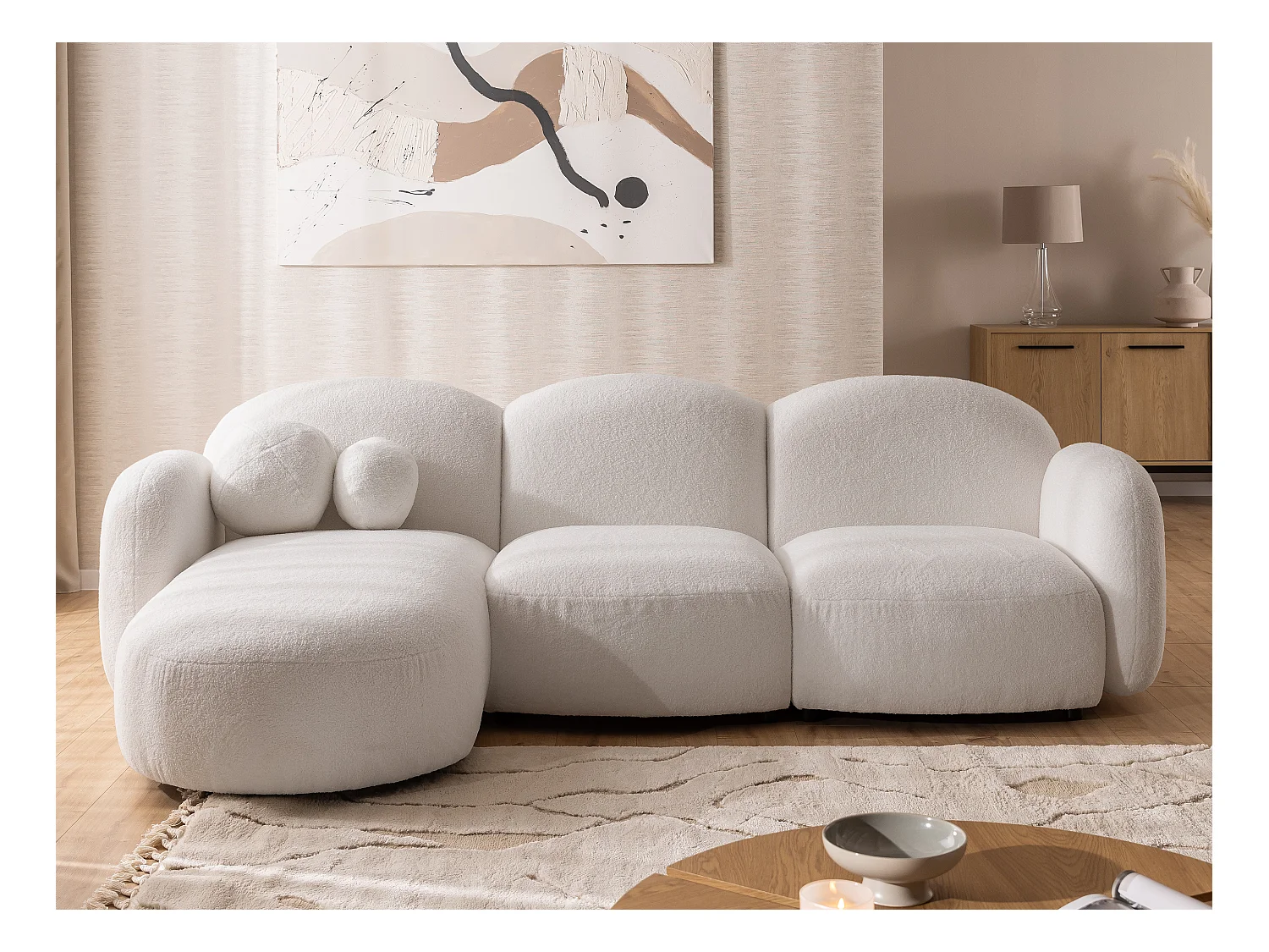 Nuvola - Moderne Ecksofa L-Form aus Weiß Bouclé-Stoff mit abgerundetem Design und hohem Sitzkomfort