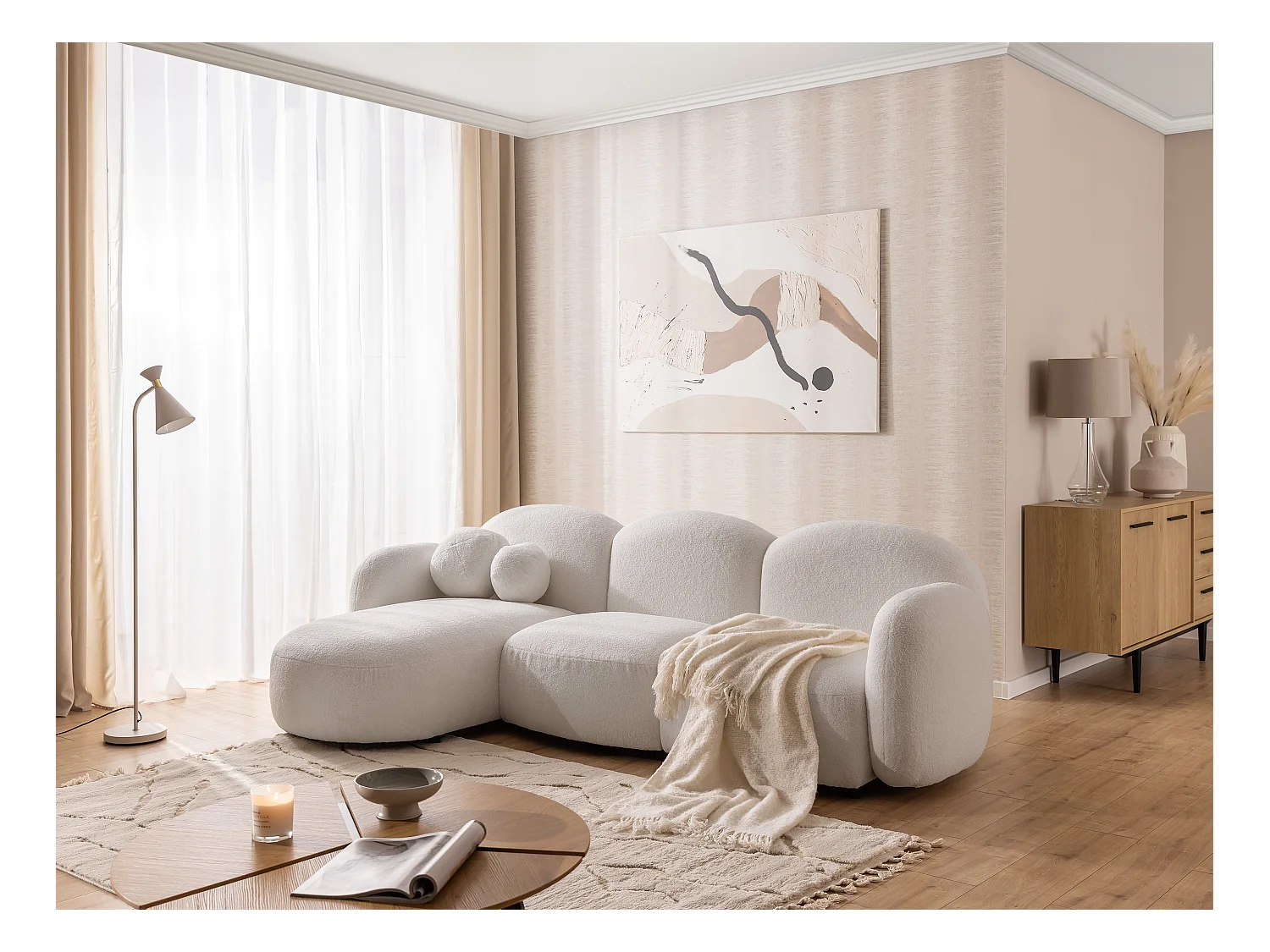 Nuvola - Moderne Ecksofa L-Form aus Weiß Bouclé-Stoff mit abgerundetem Design und hohem Sitzkomfort