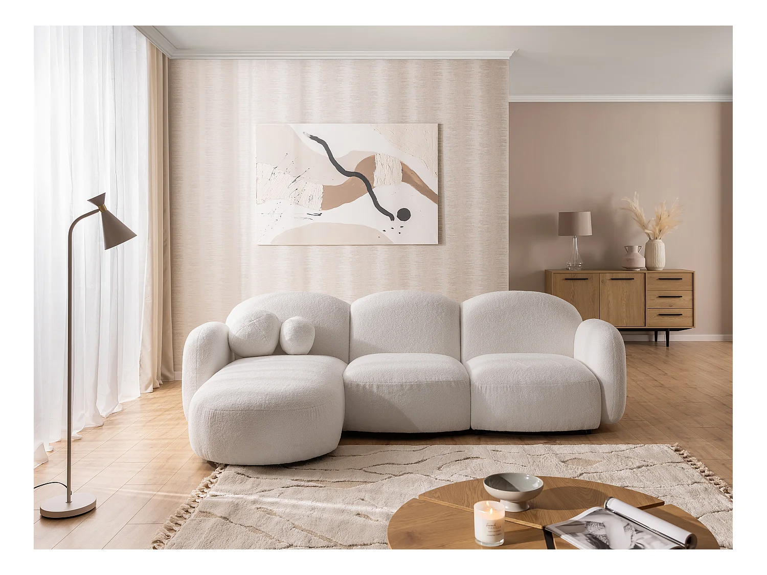 Nuvola - Moderne Ecksofa L-Form aus Weiß Bouclé-Stoff mit abgerundetem Design und hohem Sitzkomfort