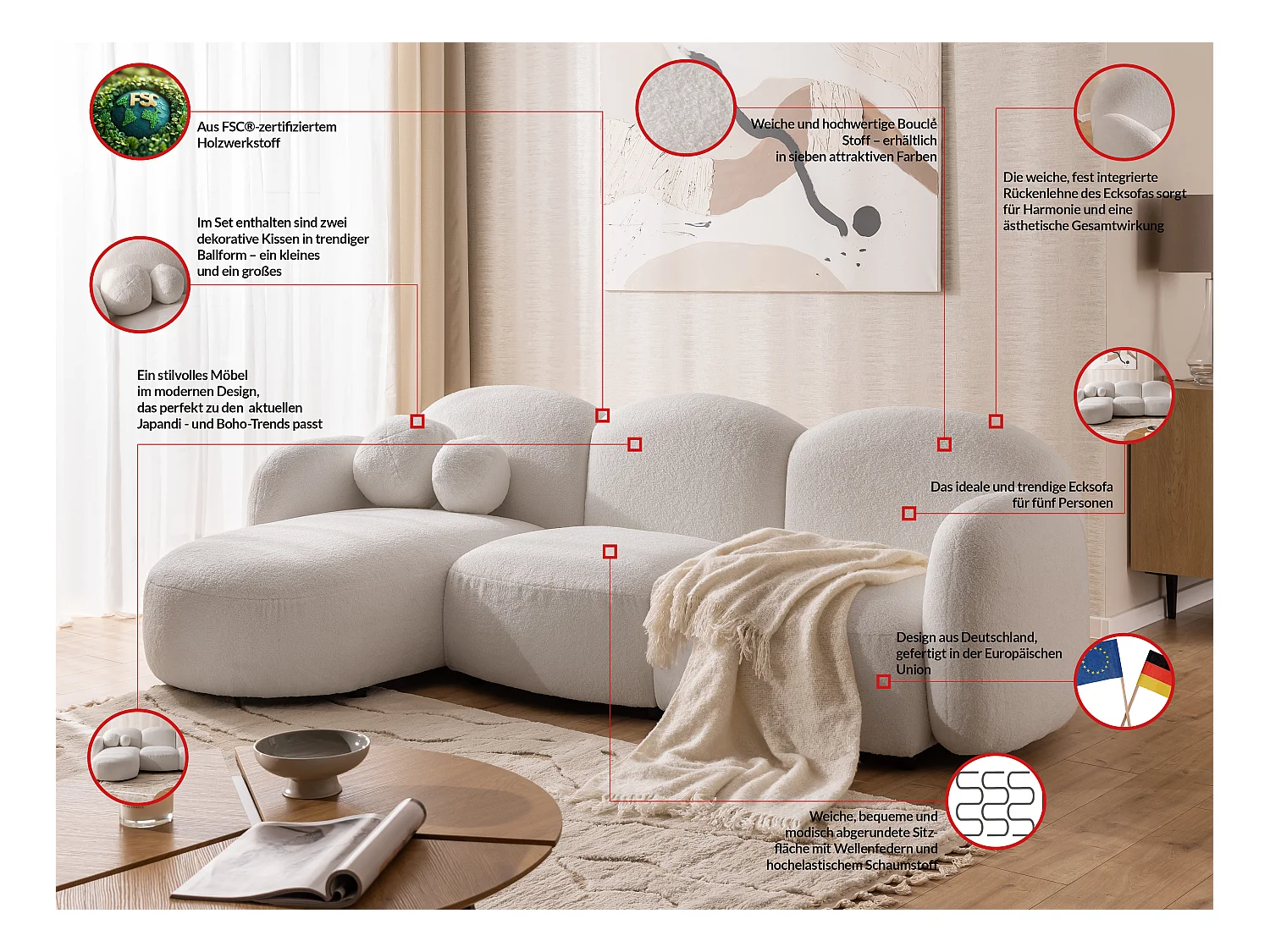 Nuvola - Moderne Ecksofa L-Form aus Weiß Bouclé-Stoff mit abgerundetem Design und hohem Sitzkomfort