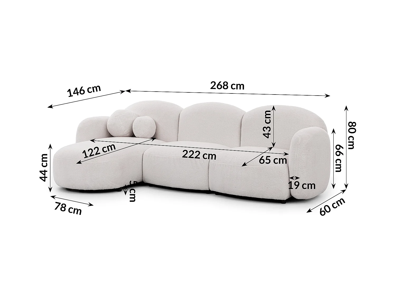 Nuvola - Moderne Ecksofa L-Form aus Weiß Bouclé-Stoff mit abgerundetem Design und hohem Sitzkomfort
