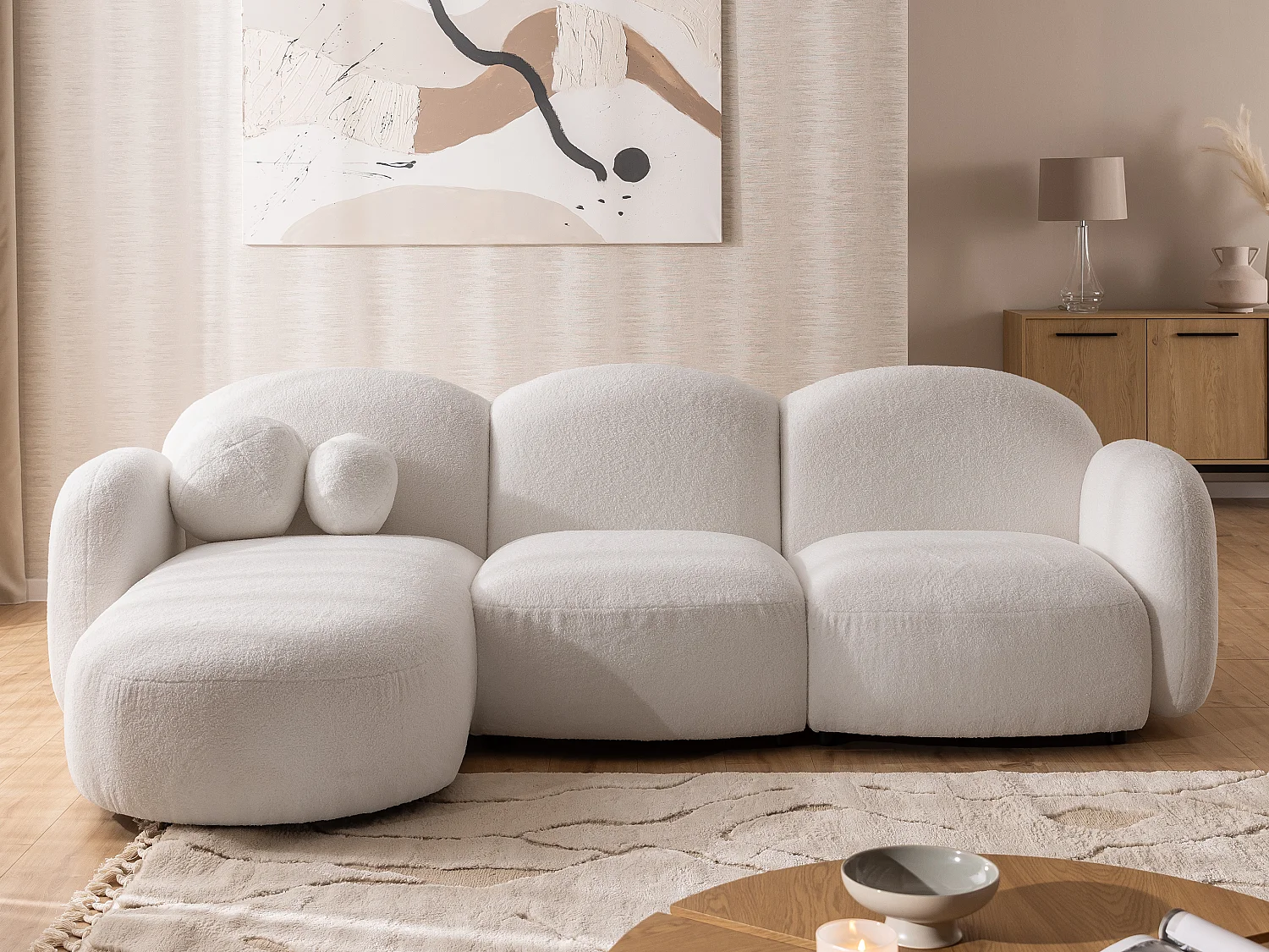 Nuvola - Moderne Ecksofa L-Form aus Weiß Bouclé-Stoff mit abgerundetem Design und hohem Sitzkomfort