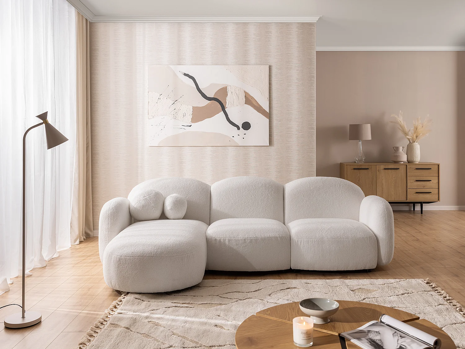 Nuvola - Moderne Ecksofa L-Form aus Weiß Bouclé-Stoff mit abgerundetem Design und hohem Sitzkomfort