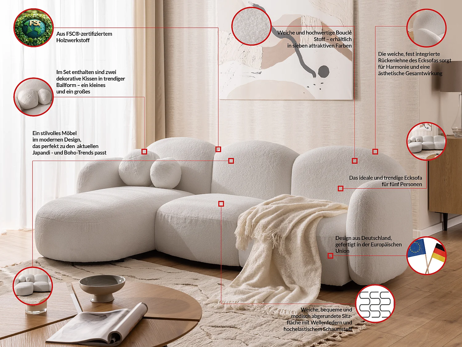 Nuvola - Moderne Ecksofa L-Form aus Weiß Bouclé-Stoff mit abgerundetem Design und hohem Sitzkomfort