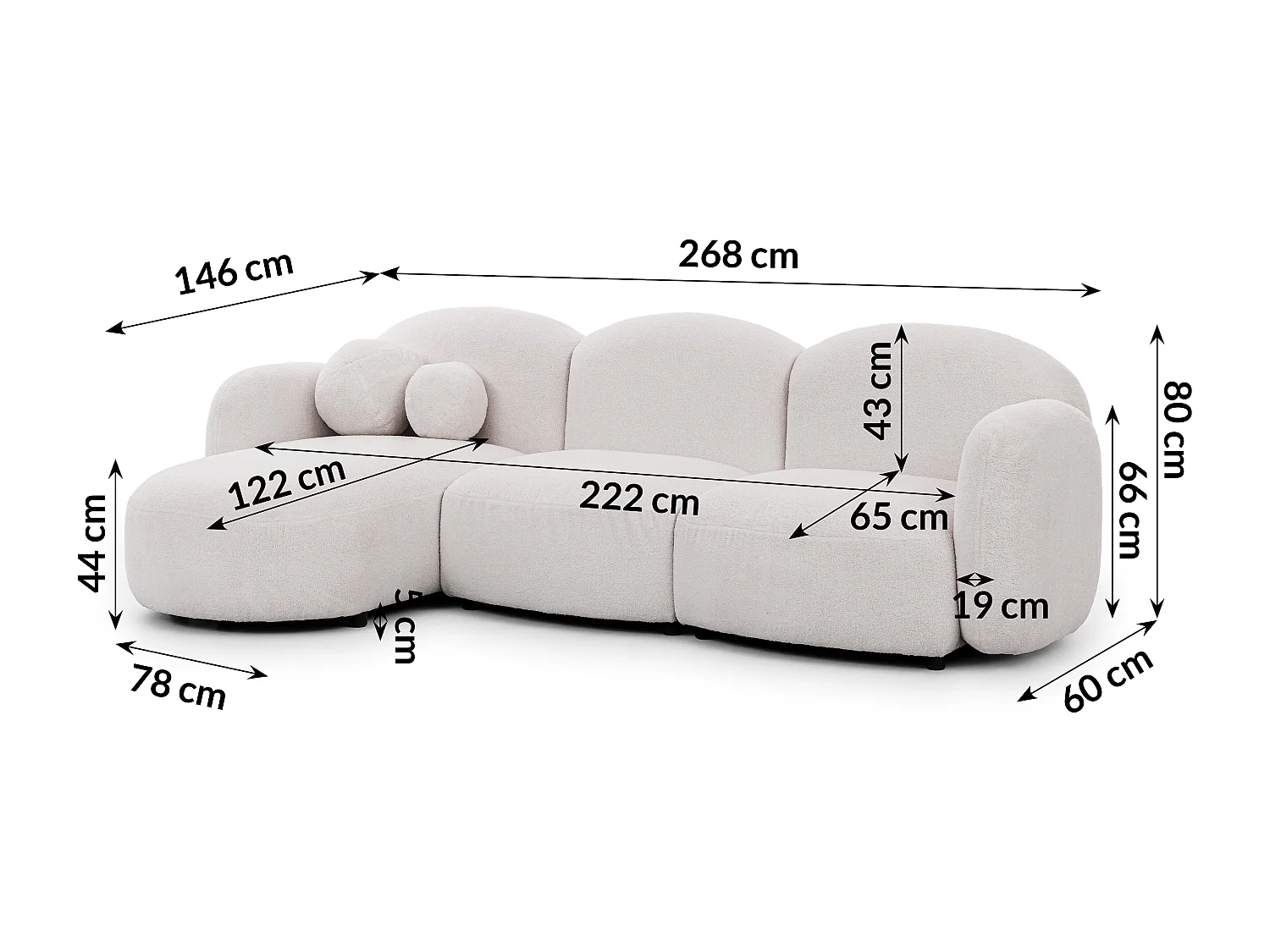 Nuvola - Moderne Ecksofa L-Form aus Weiß Bouclé-Stoff mit abgerundetem Design und hohem Sitzkomfort