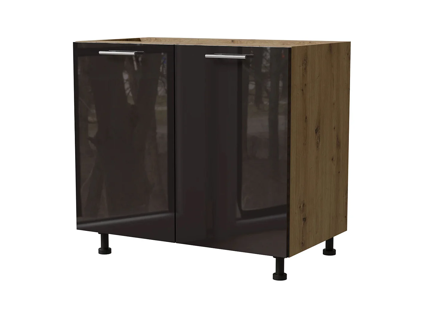 KÜCHENUNTERSCHRANK Essen D11/90 Schwarz Hochglanz / Eiche Artisan Matt 90 / 50 / 82cm