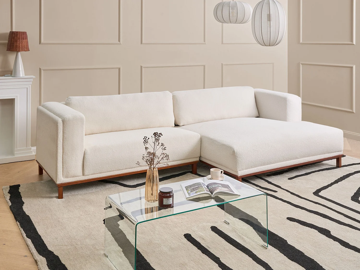 Canapé d'Angle à droite 4 Places Moderne en Bouclé Pieds en Bois avec Accoudoirs Blanc Cassé Veng