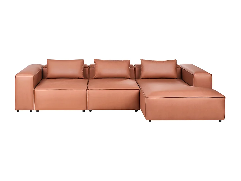 Canapé d'Angle à droite Moderne 4 Places Modulable en Cuir PU avec Accoudoirs Marron Doré Brande
