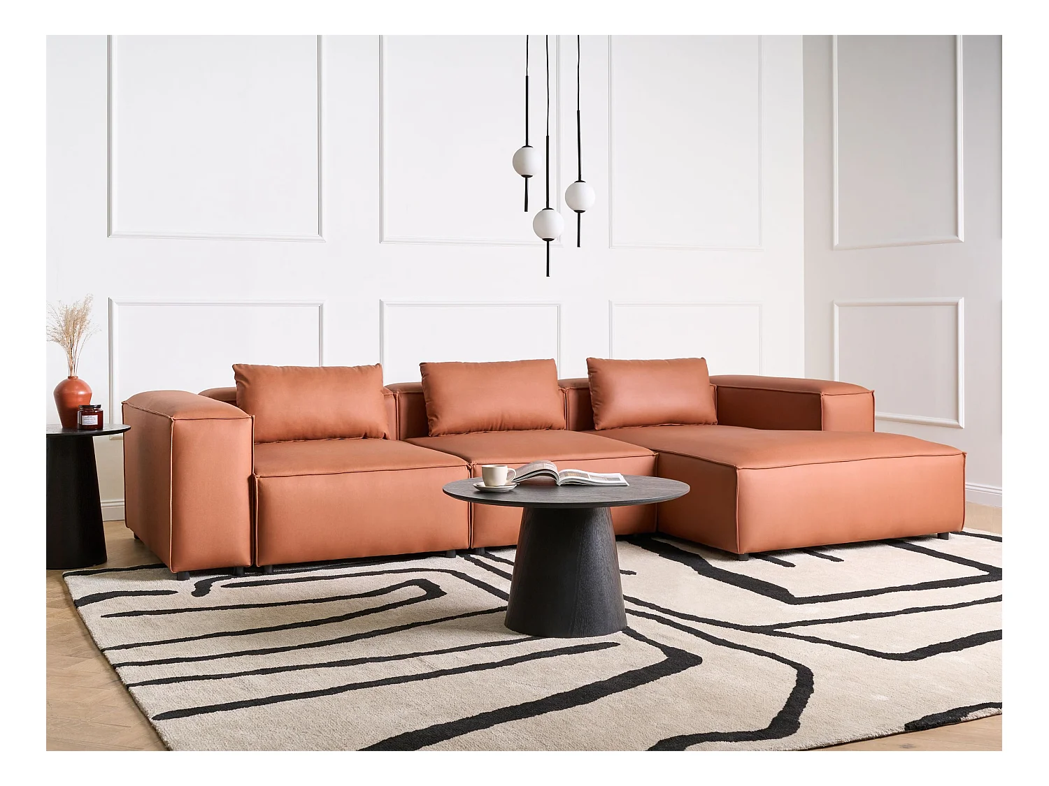 Canapé d'Angle à droite Moderne 4 Places Modulable en Cuir PU avec Accoudoirs Marron Doré Brande