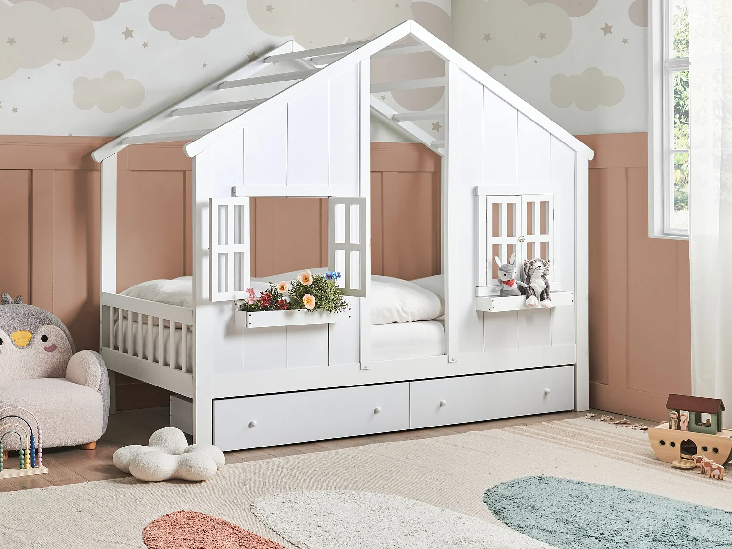Lit à tiroirs pour enfants Maison Bois de pin TRAPPES 90 x 200 cm Blanc