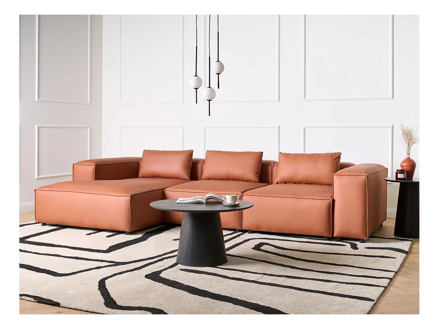 Canapé d'Angle à gauche Moderne 4 Places Modulable en Cuir PU avec Accoudoirs Marron Doré Brande