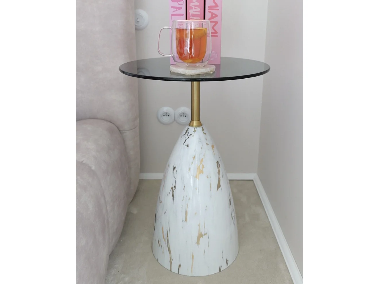 Table d'appoint WABBY Verre de sécurité Marbre blanc