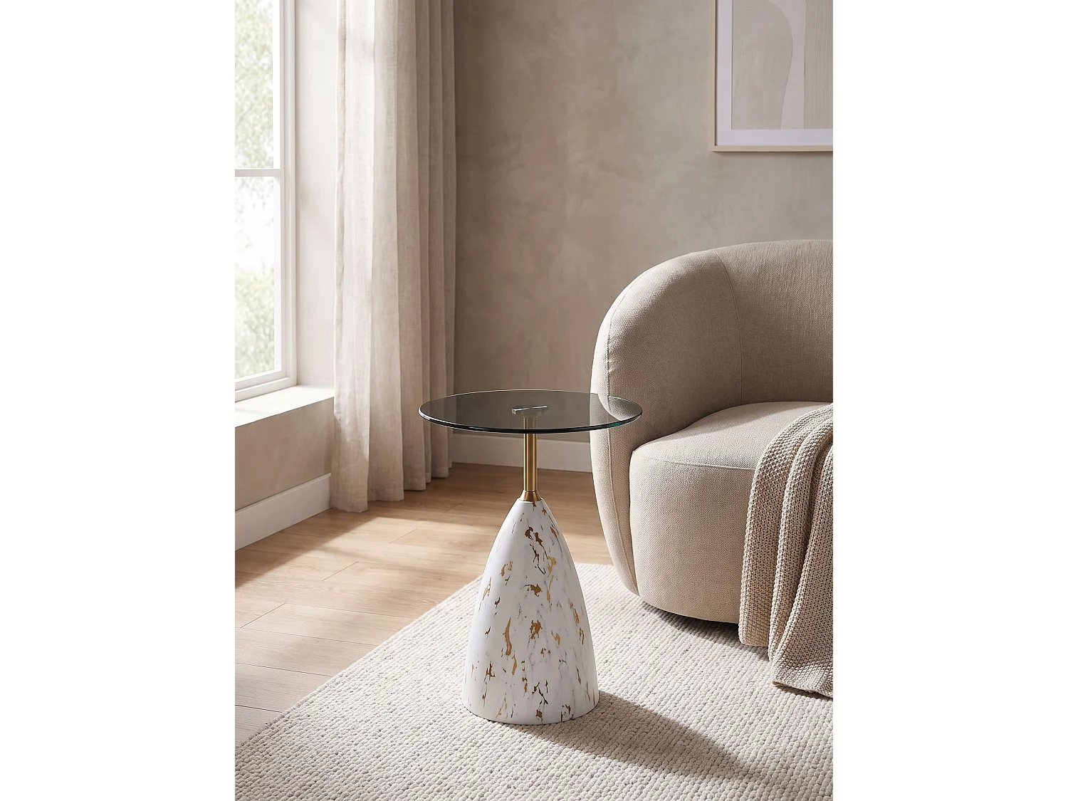 Side Table WABBY Tempered Glass White Marble