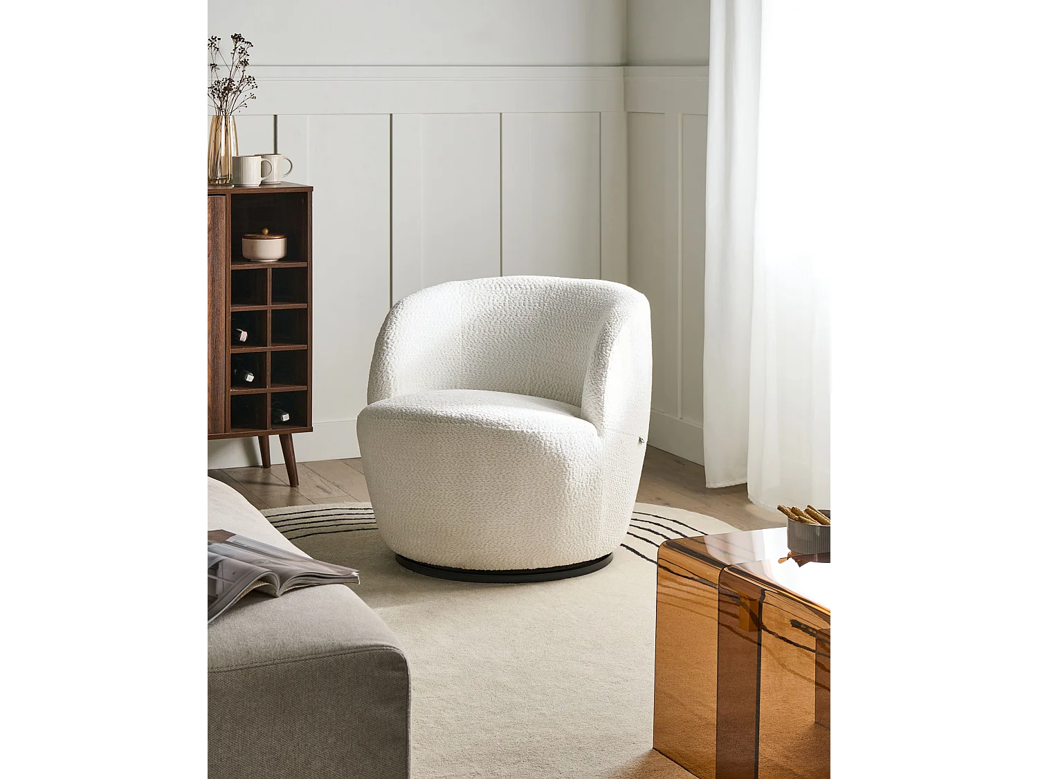 Fauteuil pivotant KUOLPA Tissu chenille Blanc cassé