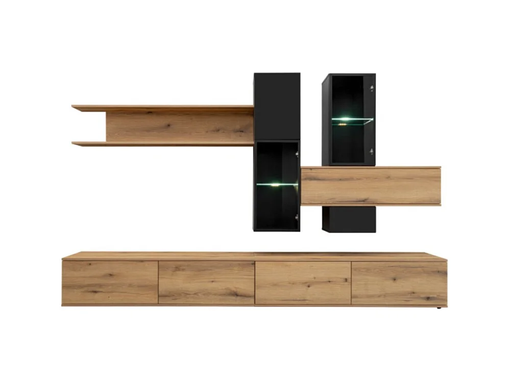 Composición mural ORIANE – Muebles de TV + almacenamientos suspendidos – Roble Coast Evoke y negro mate