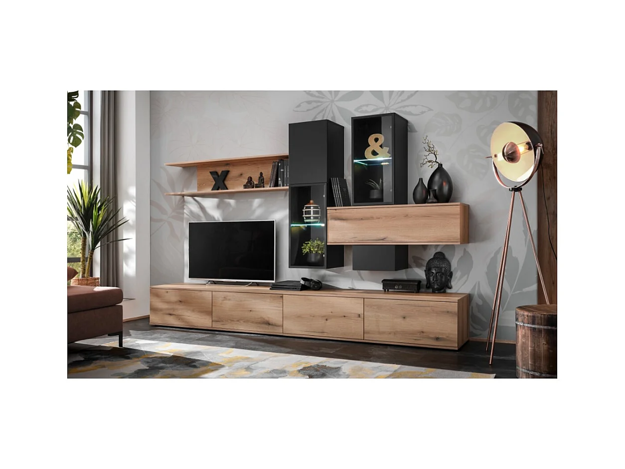 Composición mural ORIANE – Muebles de TV + almacenamientos suspendidos – Roble Coast Evoke y negro mate