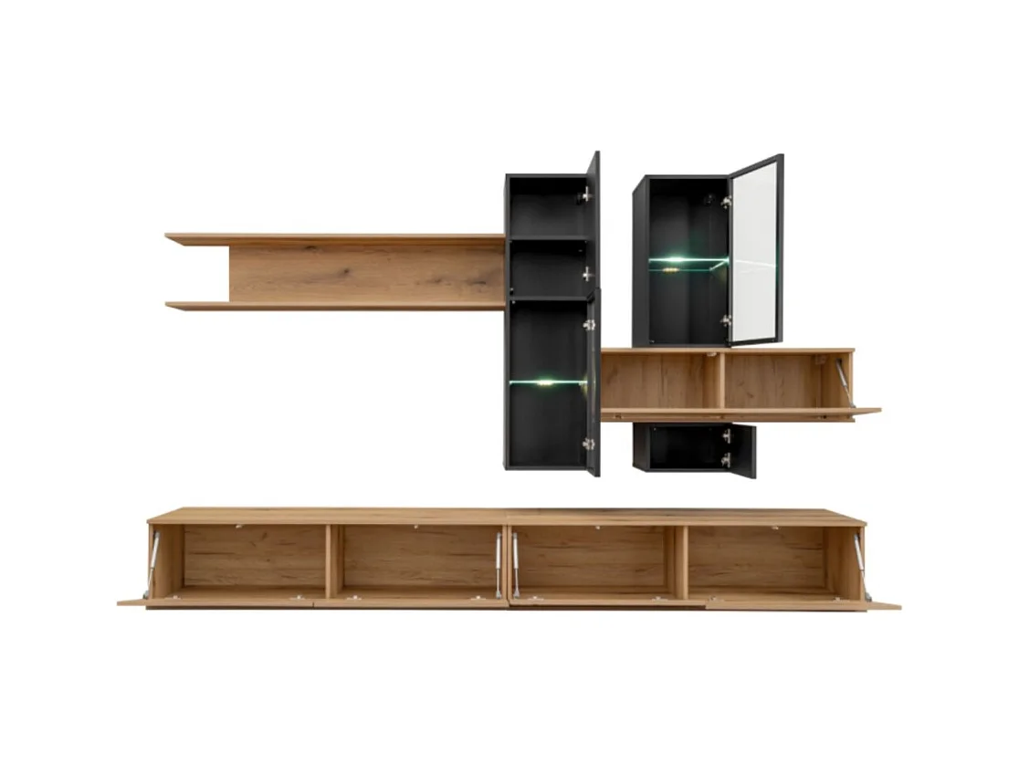 Composición mural ORIANE – Muebles de TV + almacenamientos suspendidos – Roble Coast Evoke y negro mate