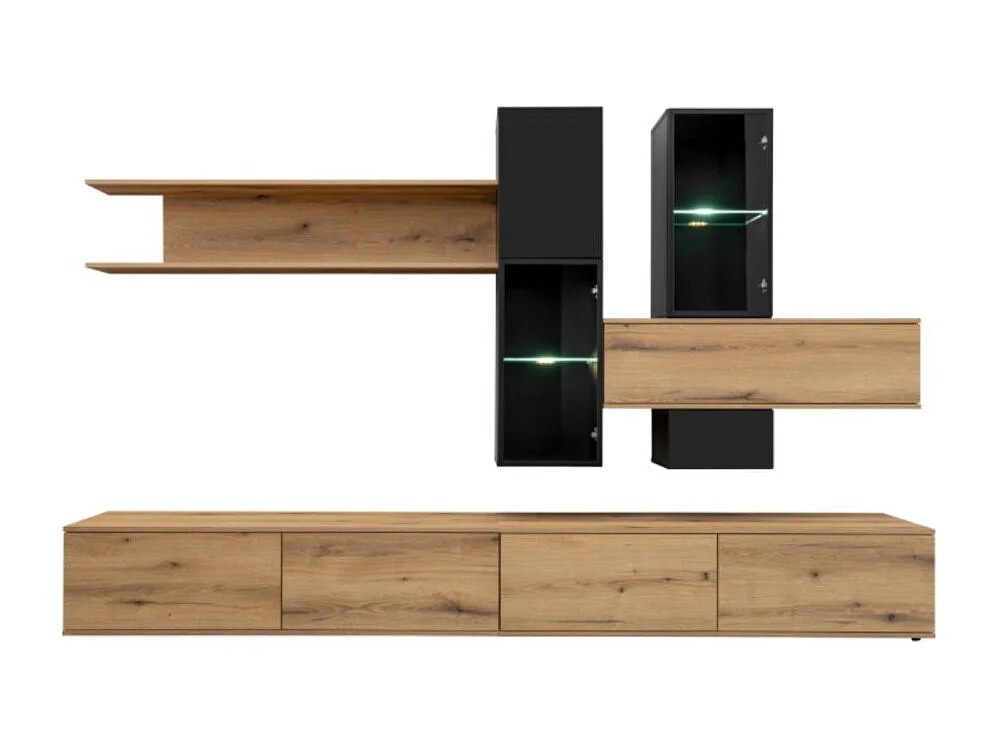 Composição mural ORIANE – Móveis para TV + armazenamentos suspensos – Carvalho Coast Evoke e preto fosco