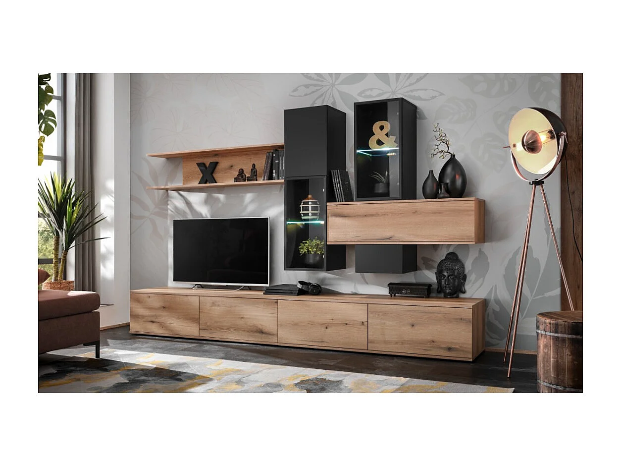 Composição mural ORIANE – Móveis para TV + armazenamentos suspensos – Carvalho Coast Evoke e preto fosco