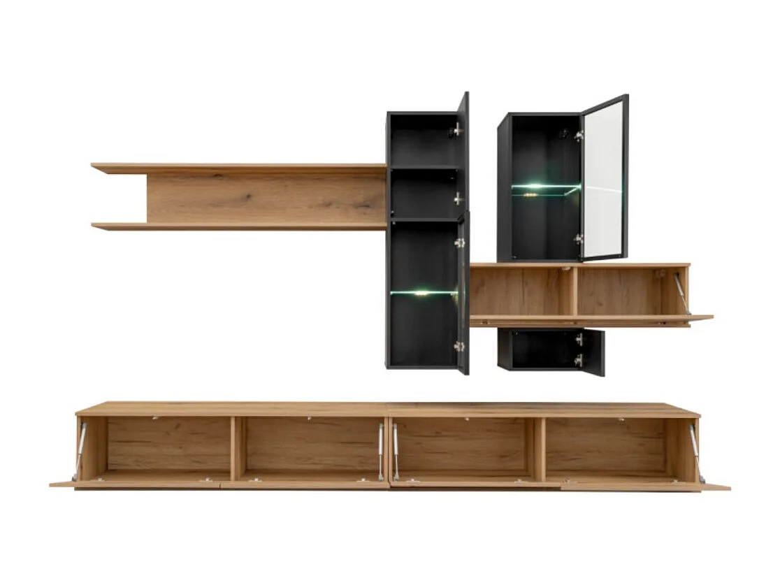 Composição mural ORIANE – Móveis para TV + armazenamentos suspensos – Carvalho Coast Evoke e preto fosco