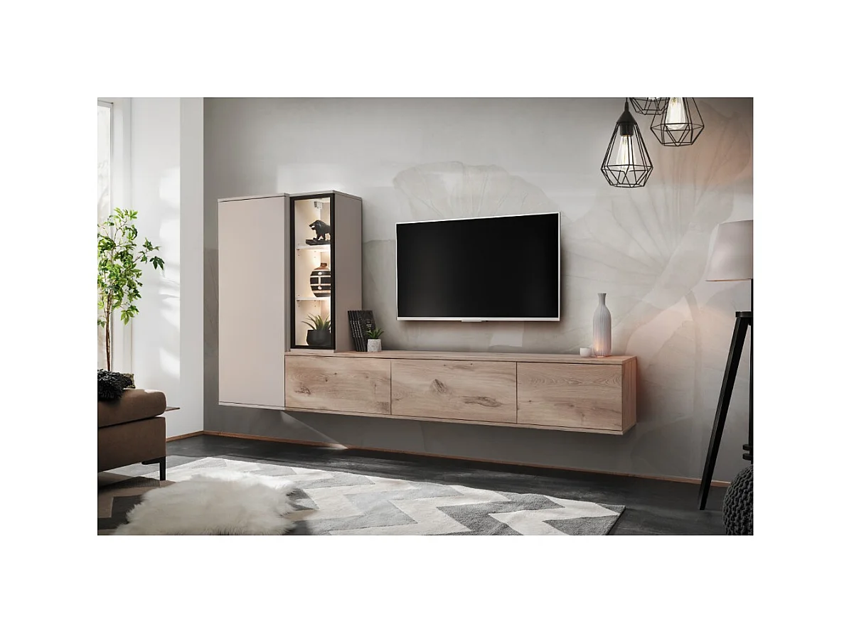 Composición mural CALIRE – Mueble TV y almacenajes suspendidos – Roble Vikingo y Cachemira