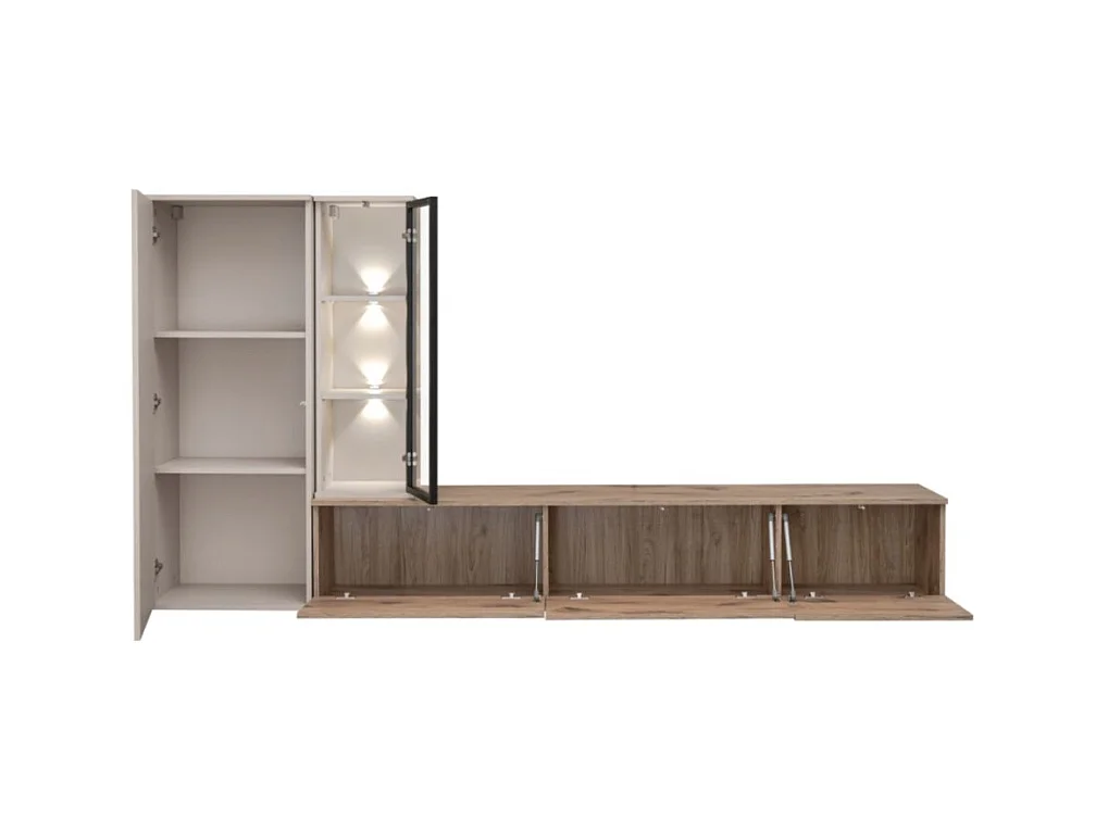 Composición mural CALIRE – Mueble TV y almacenajes suspendidos – Roble Vikingo y Cachemira