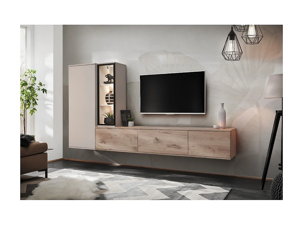 Composición mural CALIRE – Mueble TV y almacenajes suspendidos – Roble Vikingo y Cachemira