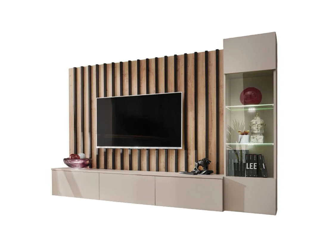 Composición mural TASHYA – Mueble para TV, vitrina suspendida y panel mural – Roble Artesano y blanco arena