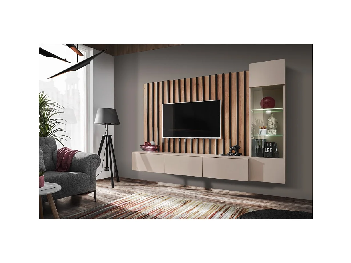 Composición mural TASHYA – Mueble para TV, vitrina suspendida y panel mural – Roble Artesano y blanco arena