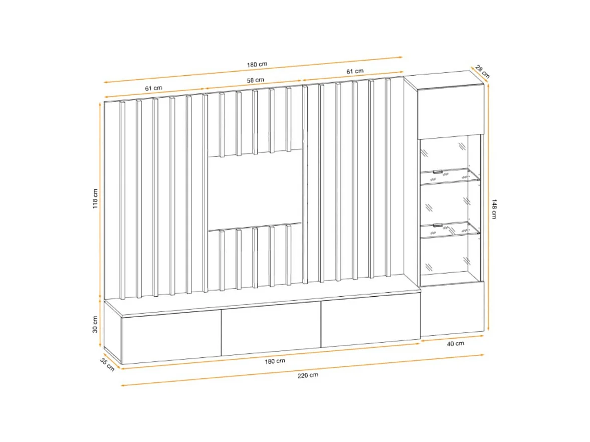 Composición mural TASHYA – Mueble para TV, vitrina suspendida y panel mural – Roble Artesano y blanco arena