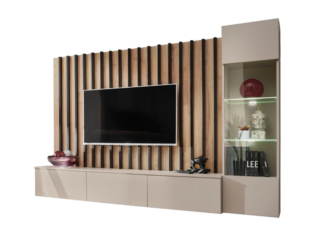 Composición mural TASHYA – Mueble para TV, vitrina suspendida y panel mural – Roble Artesano y blanco arena
