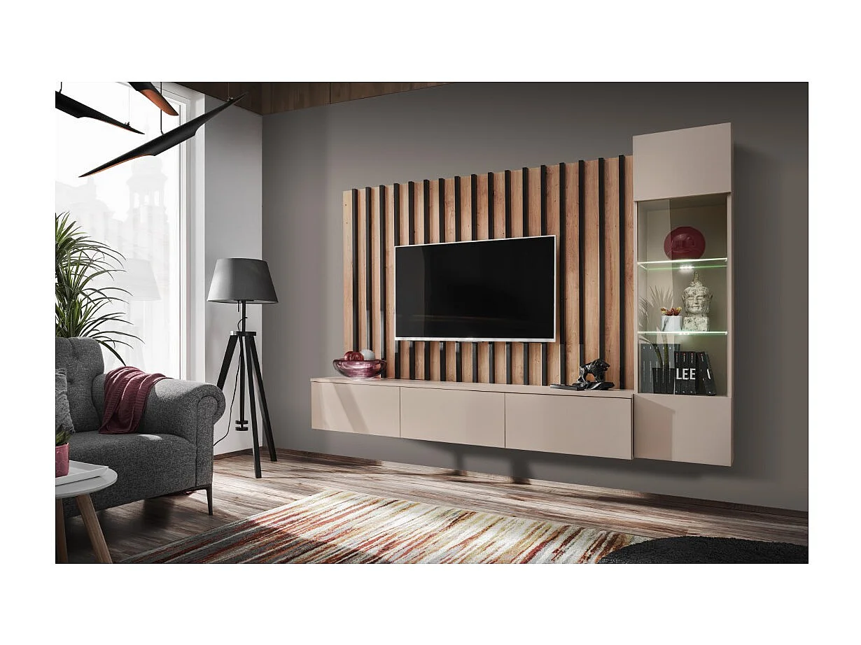 Composición mural TASHYA – Mueble para TV, vitrina suspendida y panel mural – Roble Artesano y blanco arena