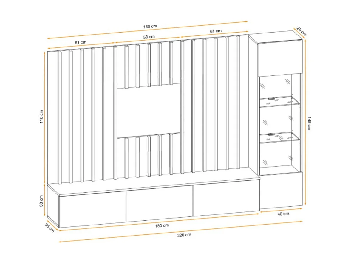 Composición mural TASHYA – Mueble para TV, vitrina suspendida y panel mural – Roble Artesano y blanco arena