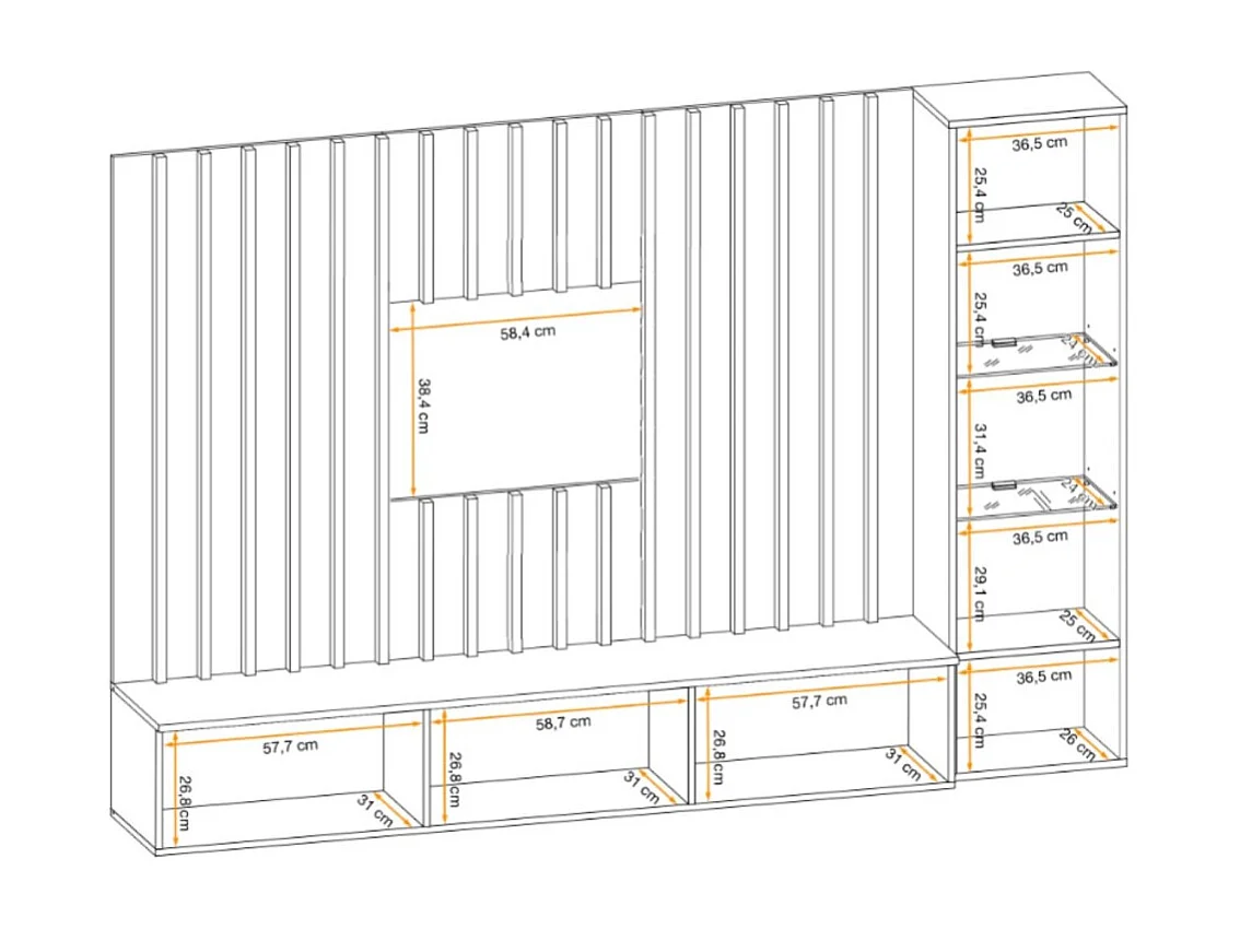 Composición mural TASHYA – Mueble para TV, vitrina suspendida y panel mural – Roble Artesano y blanco arena