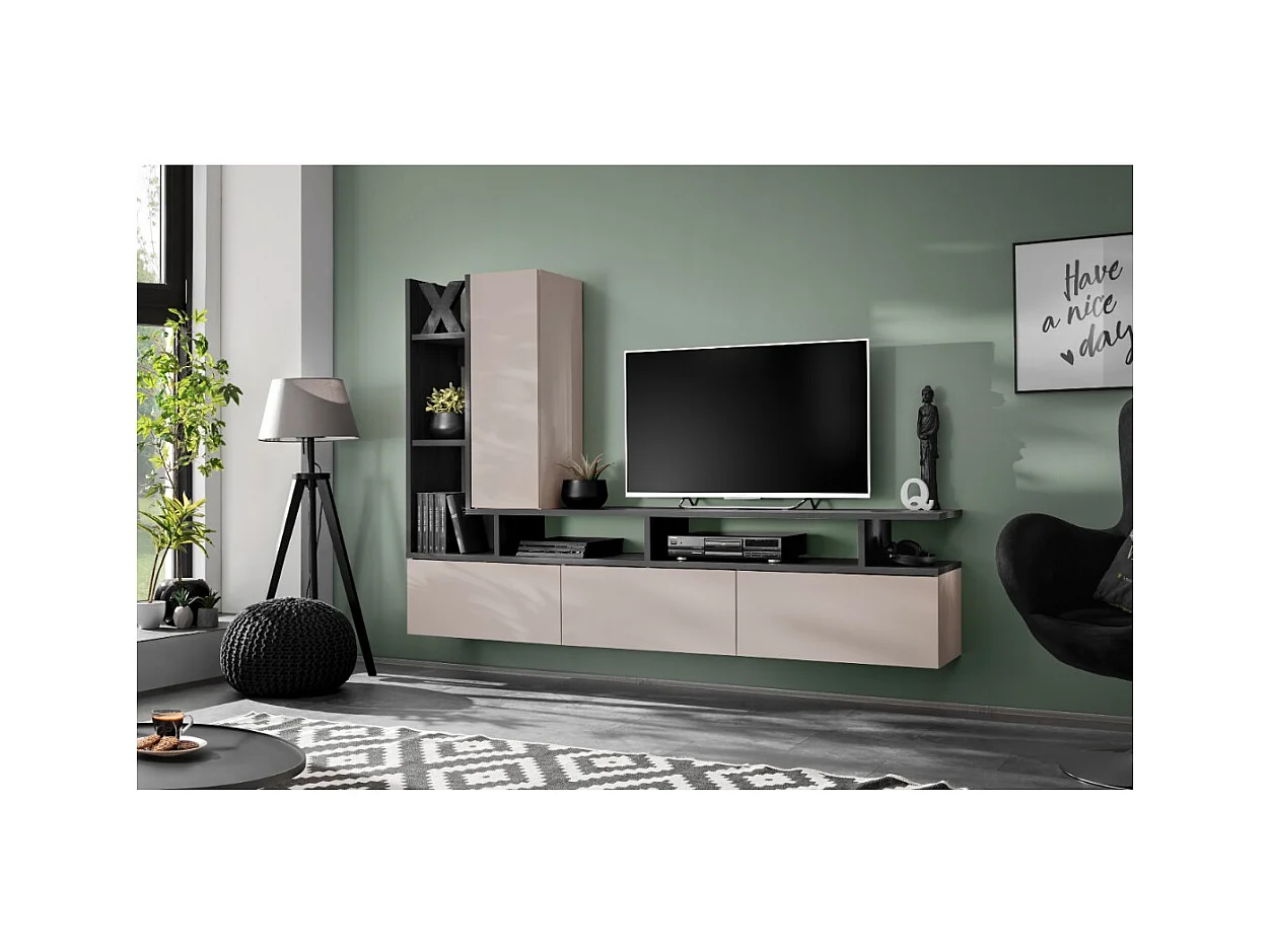 Composición mural CRONOS – Mueble para TV y almacenamiento colgante – Roble Grafito y Cachemira