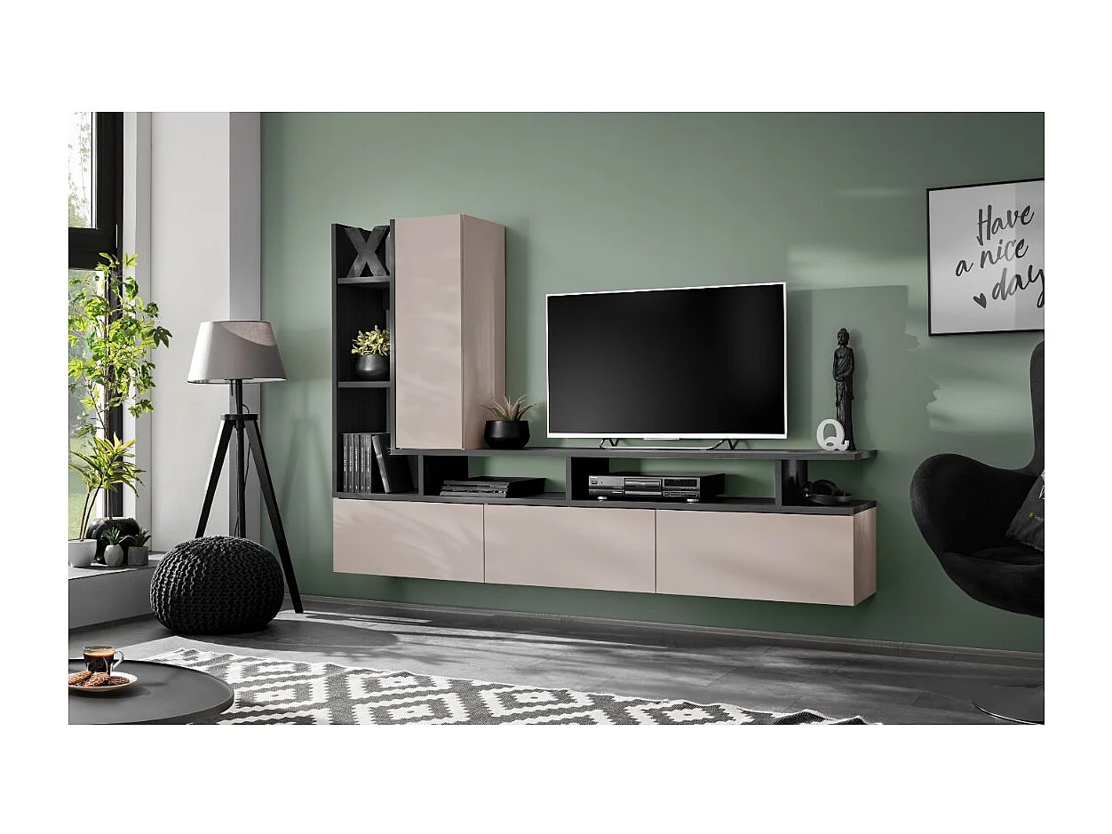 Composición mural CRONOS – Mueble para TV y almacenamiento colgante – Roble Grafito y Cachemira