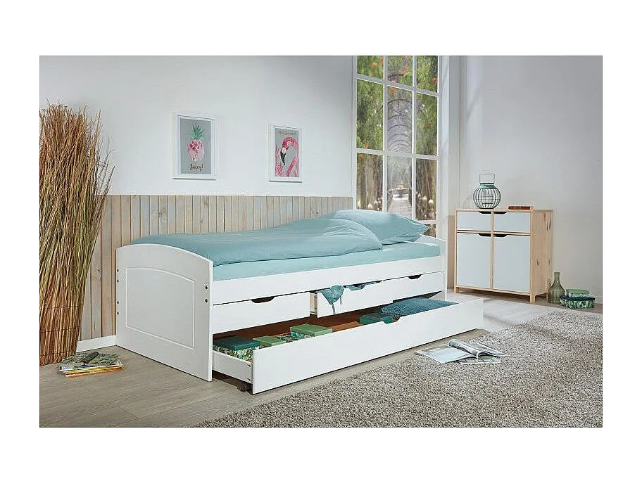 Lit Banquette en Bois 4 Tiroirs "Max" 90x200cm Blanc