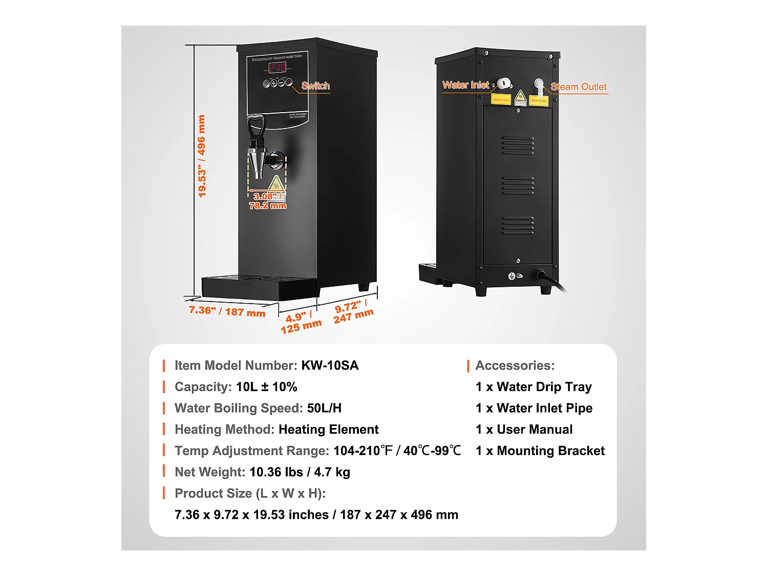 Wasserbrunnen SucceBuy Gewerblicher Warmwasserbereiter, 2500 W, 50 L/H Durchflussrate, 10 L, für Restaurants und Büros, 187 × 247 × 496 mm, 4,7 kg