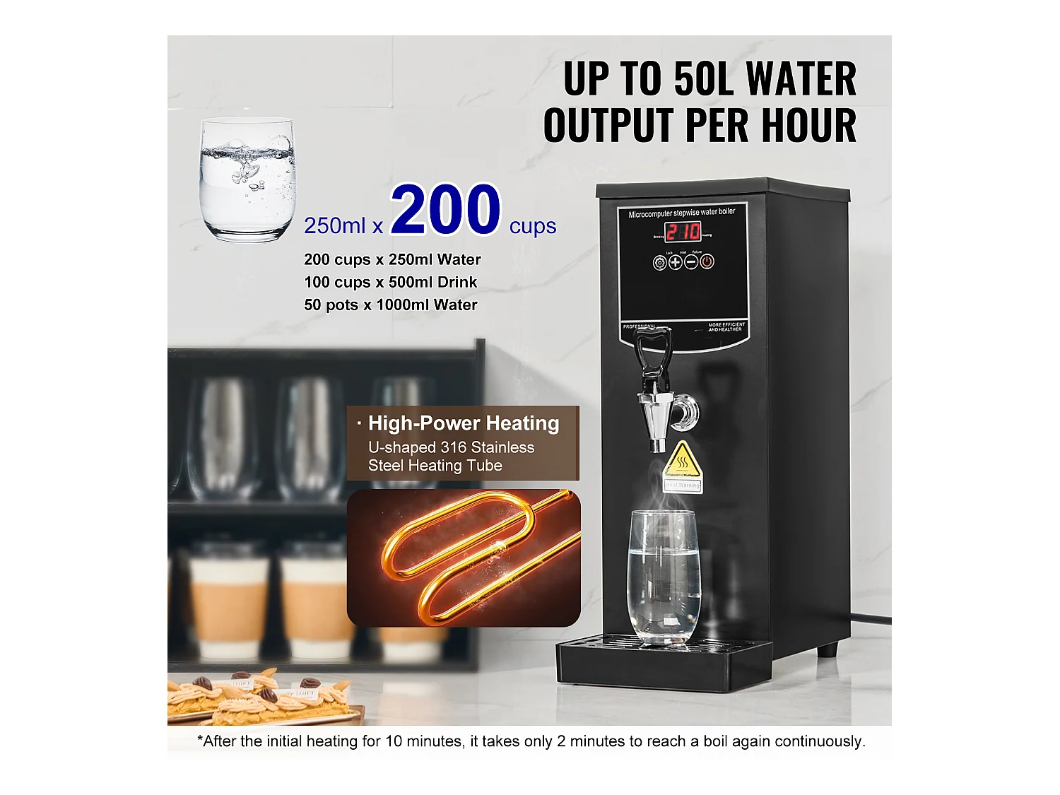 Wasserbrunnen SucceBuy Gewerblicher Warmwasserbereiter, 2500 W, 50 L/H Durchflussrate, 10 L, für Restaurants und Büros, 187 × 247 × 496 mm, 4,7 kg
