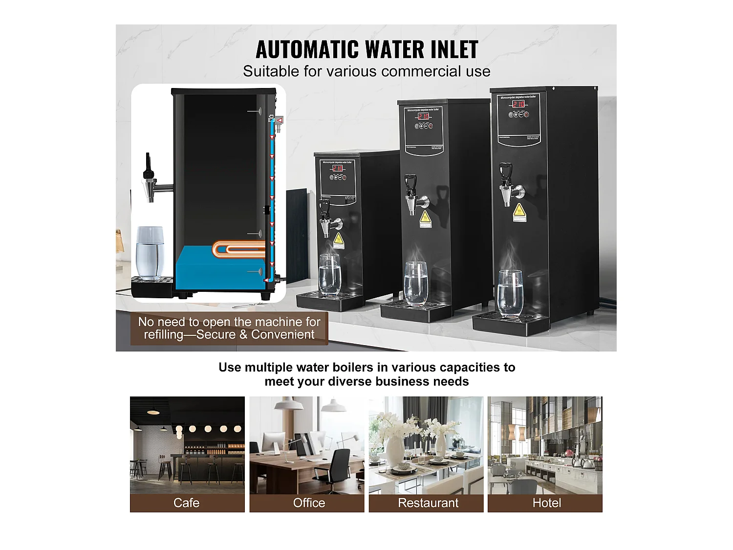 Wasserbrunnen SucceBuy Gewerblicher Warmwasserbereiter, 2500 W, 50 L/H Durchflussrate, 10 L, für Restaurants und Büros, 187 × 247 × 496 mm, 4,7 kg
