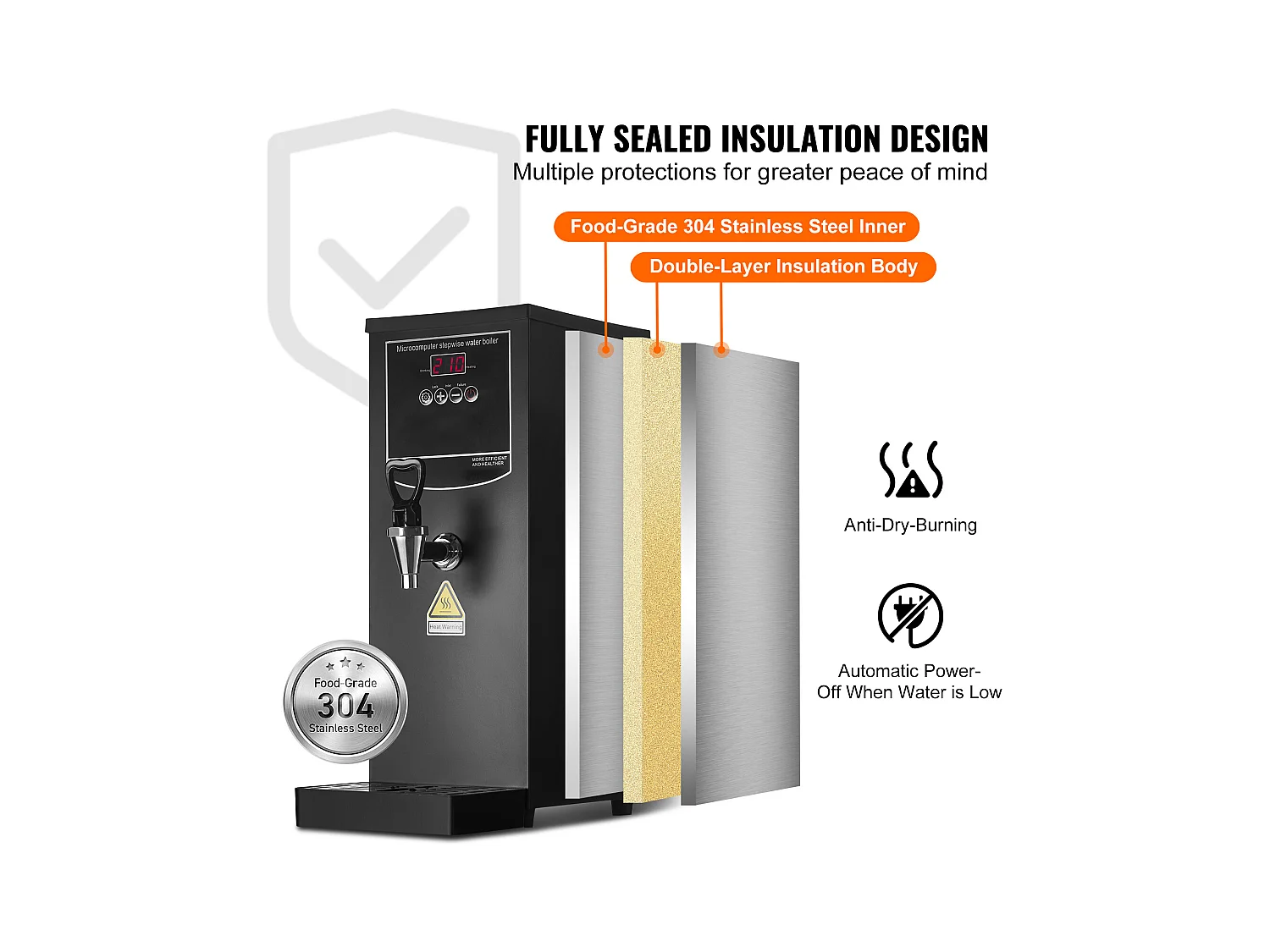 Wasserbrunnen SucceBuy Gewerblicher Warmwasserbereiter, 2500 W, 50 L/H Durchflussrate, 10 L, für Restaurants und Büros, 187 × 247 × 496 mm, 4,7 kg