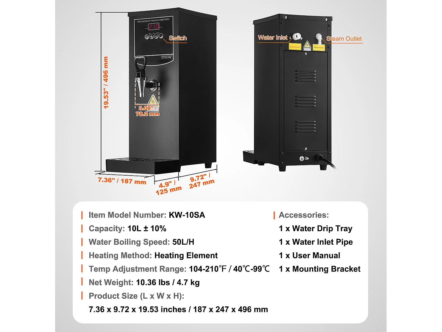 Fontaine à Eau SucceBuy Chauffe-eau commercial SucceBuy, 2500 W, débit 50 L/H, 10 L, pour restaurants et bureaux, 187 x 247 x 496 mm, 4,7 kg